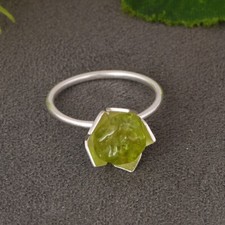 Natural Rough Peridot August Birthstone Sterling Silver Flower Ring Gift For Her