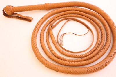 8 Feet Genuine Leather BullWhip, 12 Plaited, Tan Brown, Heavy Duty Bull Whip