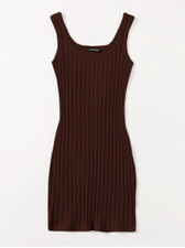 Brown Scoop Neck Rib-knit Bodycon Pencil Casual Summer Slim Dress Sz XS S M L XL