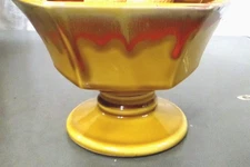 Yellow Orange Drip Glaze Hexagonal Pedestal Pottery Planter Retro MCM