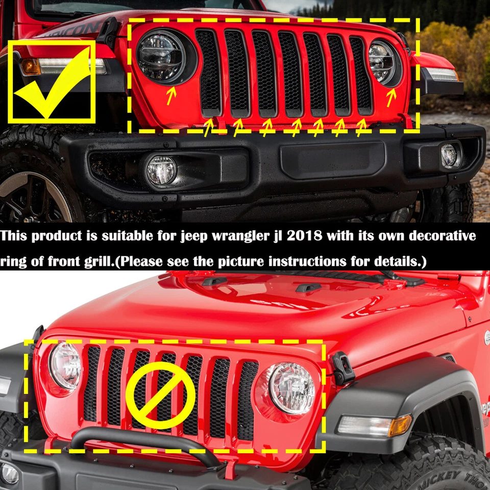 For Jeep Wrangler JL 18+ Red Front Grill Mesh Inserts Ring Cover Trim Rubicon - Изображение 2 из 4
