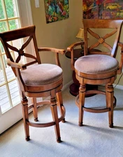 2 Real wood upholstered swivel barstools counter height with full backs and arms
