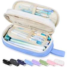 Large Pencil Case Expandable Bag with 5 Compartments Big Capacity Canvas Pouch