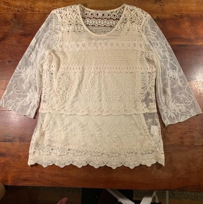 Established 1962 Ivory Lace Crochet Overlay Tunic Top Sheer Embroidered Sleeve M