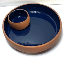 Over & Back Terra Cotta Blue Glaze Chip & Dip Bowl Portugal 10” Portugal
