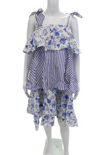 MDS Stripes Women Trapeze Sundress Blue Floral Cotton Sleeveless Knee Size 2