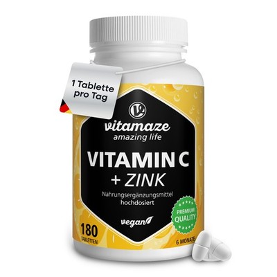 Vitamaze Vitamin C hochdosiert 1000 mg Zink vegan & optimal bioverfügbar 180