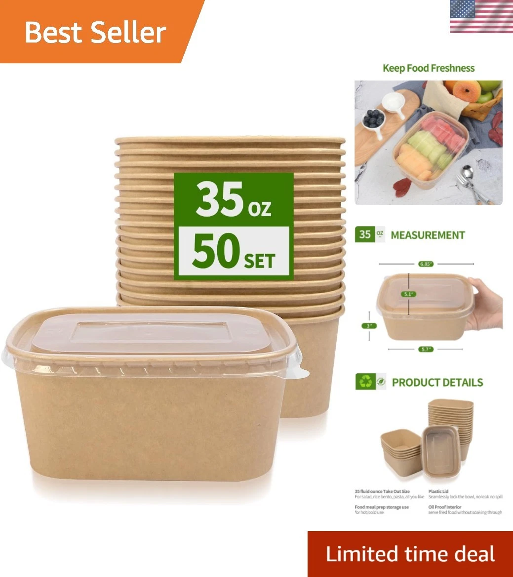50 Pack 35 oz Paper Food Containers with Lids, Microwavable and Freezer Use P...