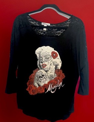 Sugar Skull Marilyn Monroe Lace Top By Ambience Apparel Size S Black w/Graphic