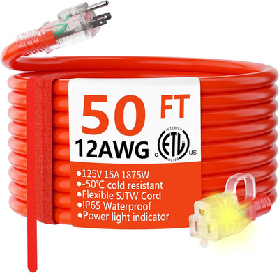 12/3 Gauge Heavy Duty Outdoor Extension Cord 50 Ft Waterproof with Lighted End,