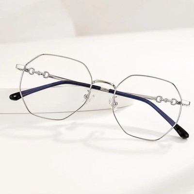 Geometric Blue Light Blocking Glasses Silver Frame Clear Lens Fashion Eyewear
