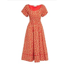 Tory Burch Dress Women 10 Red Poplin Leaf Print Midi Smocked Pockets MSRP $665