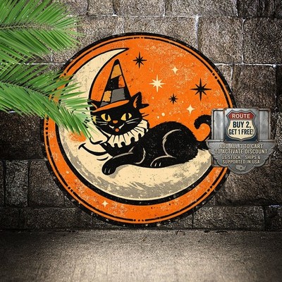 Black Cat Crescent Moon Halloween Badge Round Metal Sign Spooky Wall Decor 8x8