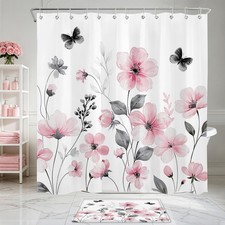Nature Butterfly Grey Leaf Pink Wildflower Shower Curtain Set for Bathroom Decor