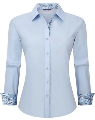 Women s Cotton Button Down Long Sleeve Light Blue L Contrast Print Cuffs Collar