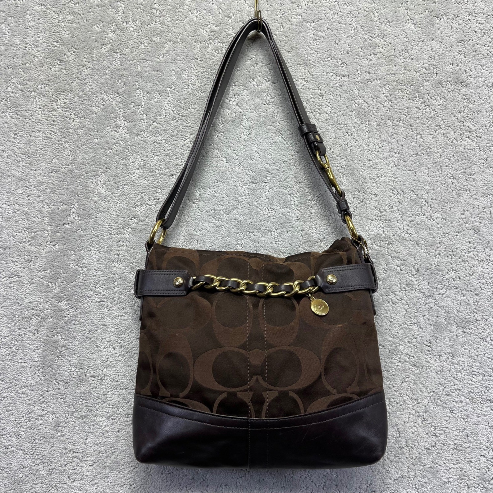 Coach Signature Shoulder Crossbody Bag Brown Canvas Leather Chain F18862