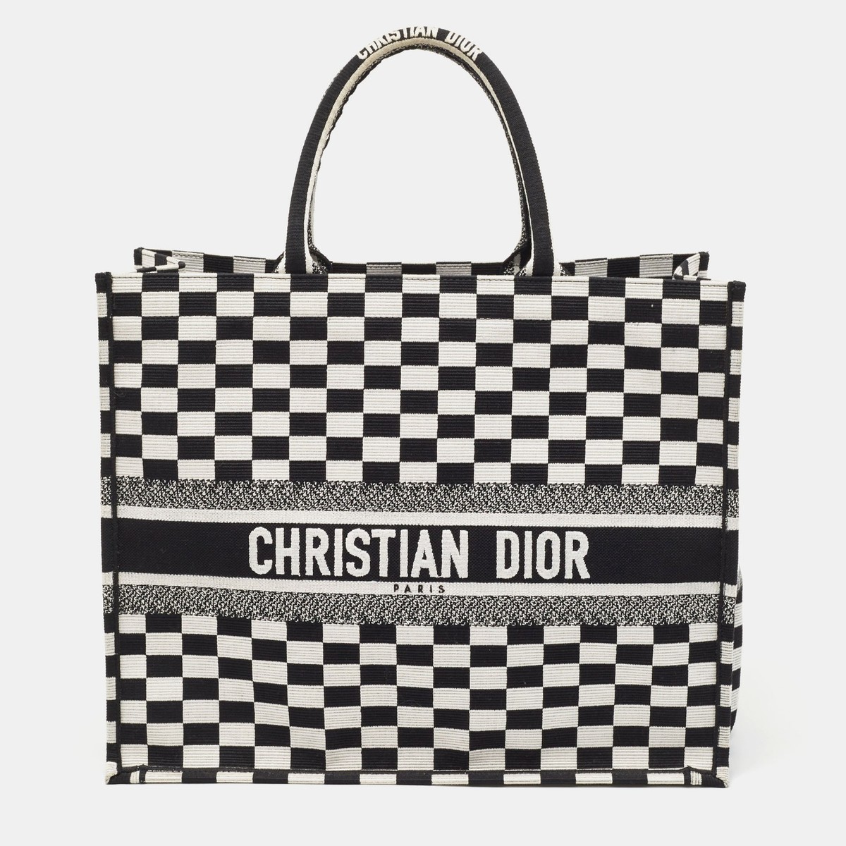 Dior★Dior Large Check Book Tote Bag Dior Black/White Checkered Embroidered Canvas Large Book