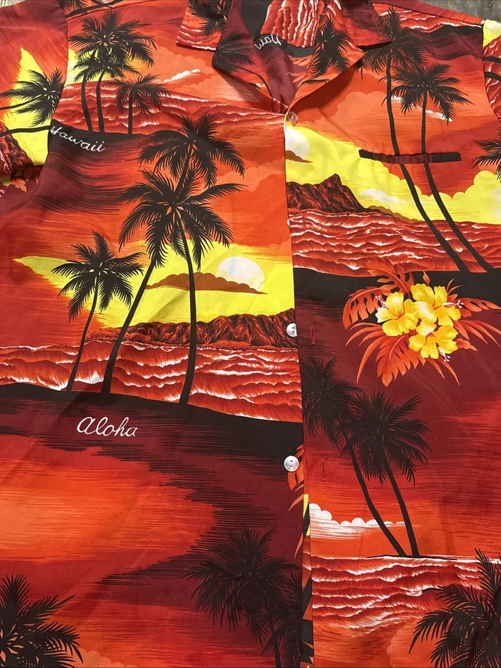 Camisa Hawaiana ROYAL CREATIONS Roja Amarilla Palmeras Grande Hecha en Hawai Foto 3 de 4
