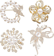 4 Pcs Brooches and Pins for Women Crystal Pearl Brooch for Wedding Valentines Ga