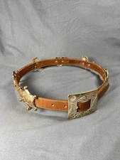 Vintage Western Justin Leather Belt Southwestern Desert Cowboy W/ Emblems Sz 30