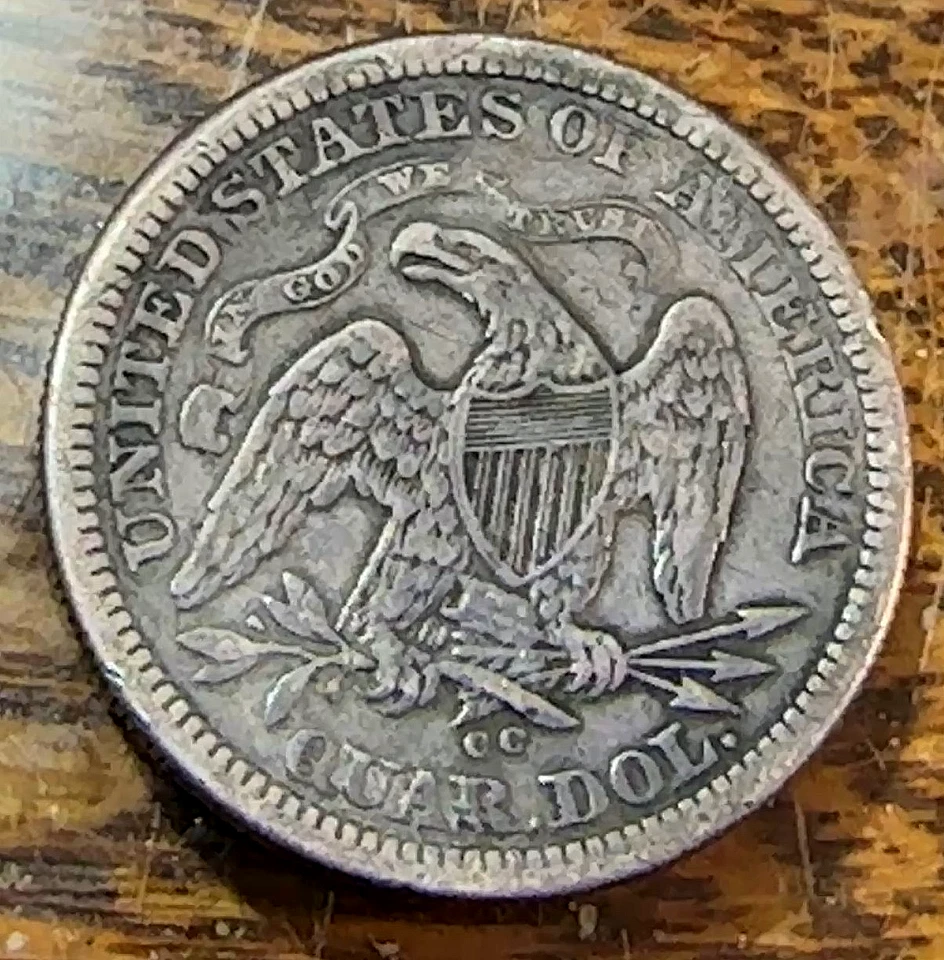 Монета номиналом 25 центов 1876-CC с изображением сидящей Свободы красивая оригинальная VF/XF CHRC - Изображение 2 из 2