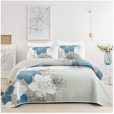 Blue Floral Quilt Set King Size - 3 Piece Bedding Set