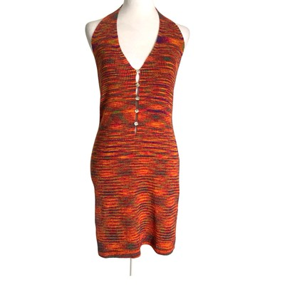 #ad NIA Mini Halter Dress Women’s Large Colorful Button Detail Knit Summer Festival $19.95