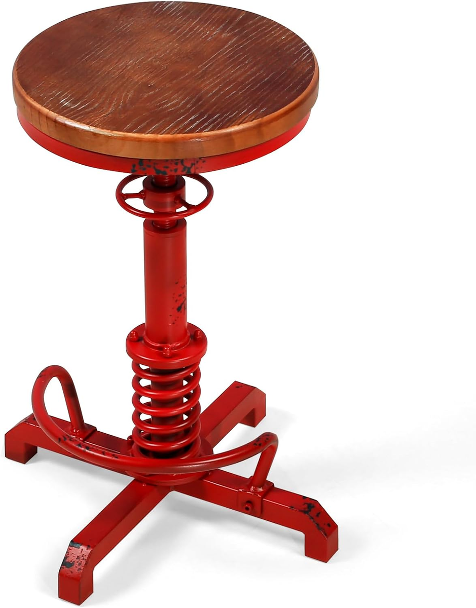 Vintage Industrial Wooden Tractor Stool - Adjustable Red Bar Seat