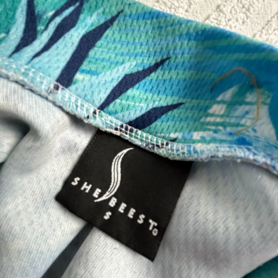 Camisa Top Jersey SheBeest Mujer Media Cremallera Pequeña Tropical Floral Azul Manga Corta Foto 3 de 4