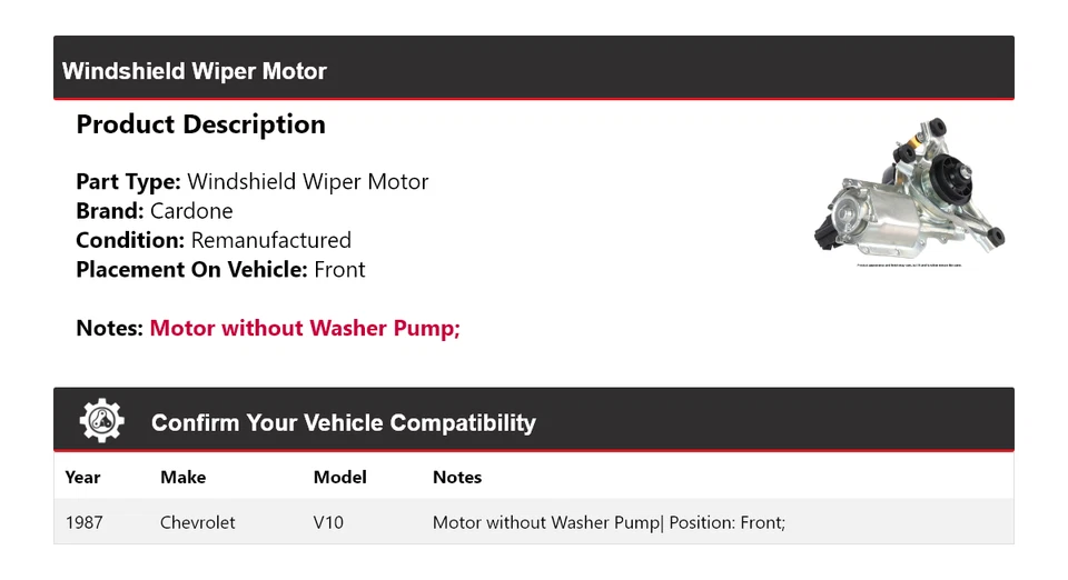 Двигатель стеклоочистителя переднего стекла для 1987 Chevrolet V10 Cardone - Изображение 2 из 4