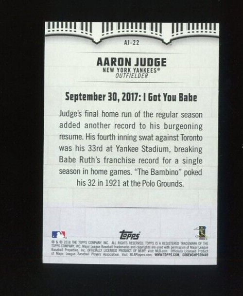 2018 TOPPS AARON JUDGE SERIES #AJ-22 AARON JUDGE NEW YORK YANKEES
