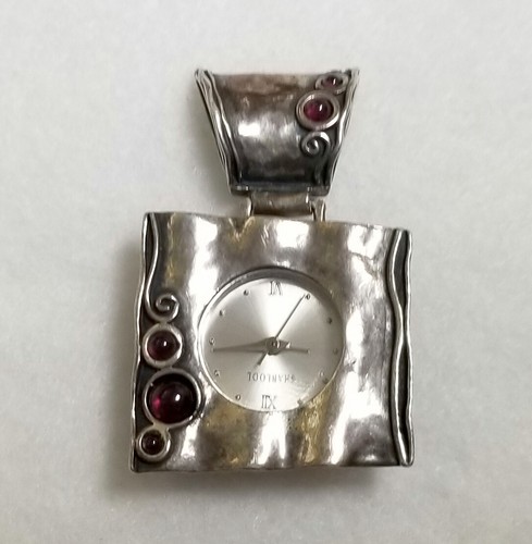 Vintage 925 Antiqued Sterling Silver Shablool Isreal Pendant Watch w Red Garnets - Picture 11 of 11