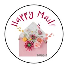 30 HAPPY MAIL ENVELOPE SEALS LABELS STICKERS 1.5" ROUND FLOWERS FLORAL PRETTY