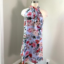 Vince Camuto Womens 6 Bow Neck Floral Print Halter Dress Blue Sleeveless