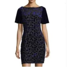 T Tahari Blue and Black Velvet Floral Shimmery Dress Size Small