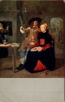 Vtg Postcard Gabriel Metsu, Artist with his Wife Isabella de Wolff in a Tavern