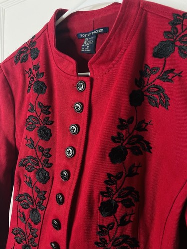Boston Proper Button Up Textured Knit Jacket 14 Red Embroidered Floral Matador - Picture 2 of 13