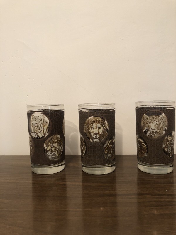 Vintage Libby M. Dia African Safari Lion, Cheetah, Tiger, Ram Glasses Set of 3