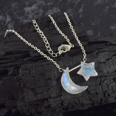 925Silver Rainbow Moonstone Crescent Moon Charm Necklace In 3 Plating Choose Any