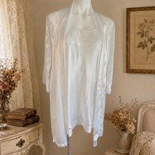 Vintage Oscar de la Renta Pink Label Ivory Embroidered Chiffon Peignoir Set M/L