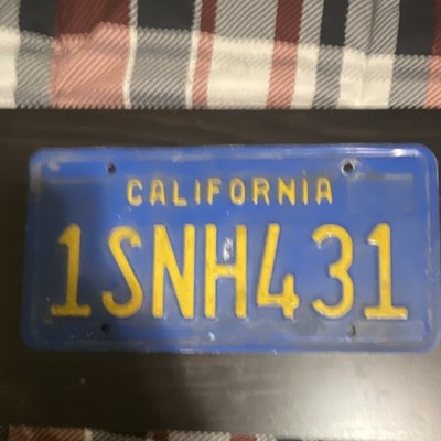 California Blue License Plate 1SNH431 with Yellow Letters Vintage