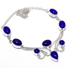 Blue Onyx Handmade Gemstone 925 Sterling Silver Jewelry Necklace Size- 18
