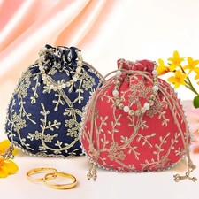 Indian Set of 2 Potli Bags Blue Red Embroidered Purses Wristlets for Wedding
