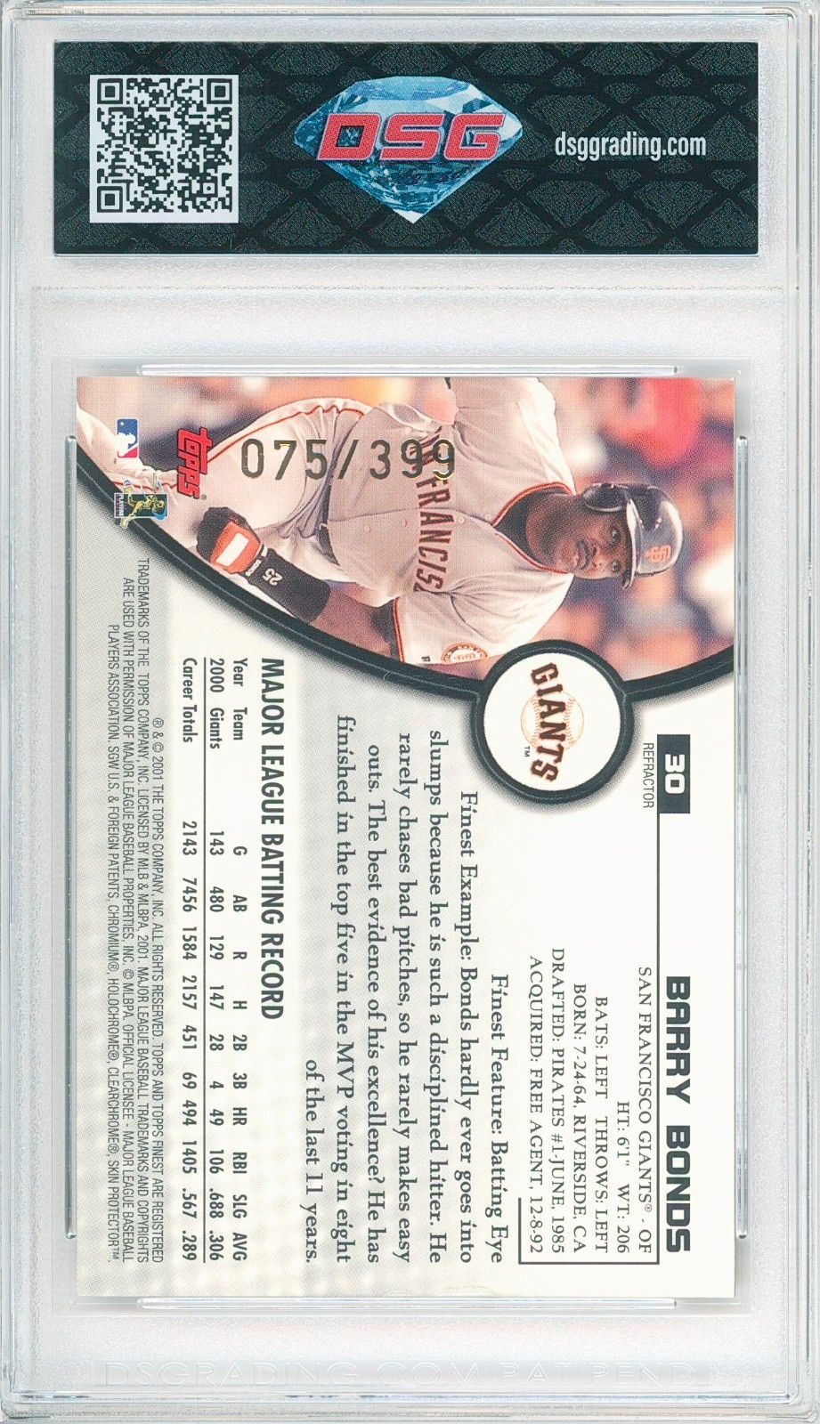 2001 Topps Finest BARRY BONDS #30 Refractor /399 💎 DSG 8 NM/Mint view 2