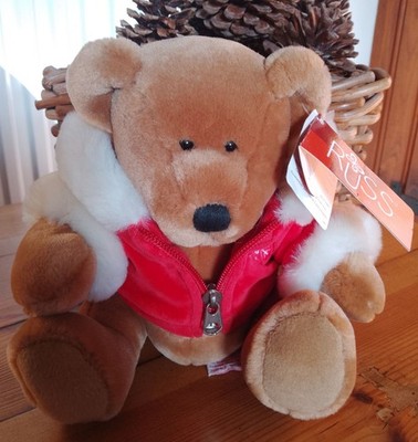 VINTAGE WEIHNACHTEN TEDDYBÄR KUNSTFELL KAPUZE MANTEL MIT ETIKETT RUSS BERRIE SCHNEEFLOCKE