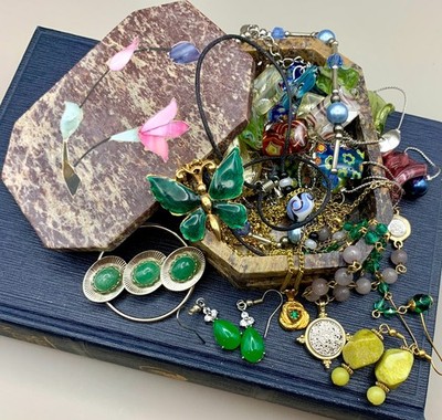 Mystery Jewelry Jar Lot Green Blue and Hand Carved Soapstone Inlaid Trinket Box