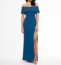 XSCAPE Womens Ruffled Off The Shoulder Neckline Gown Mallard Size 10 NWT