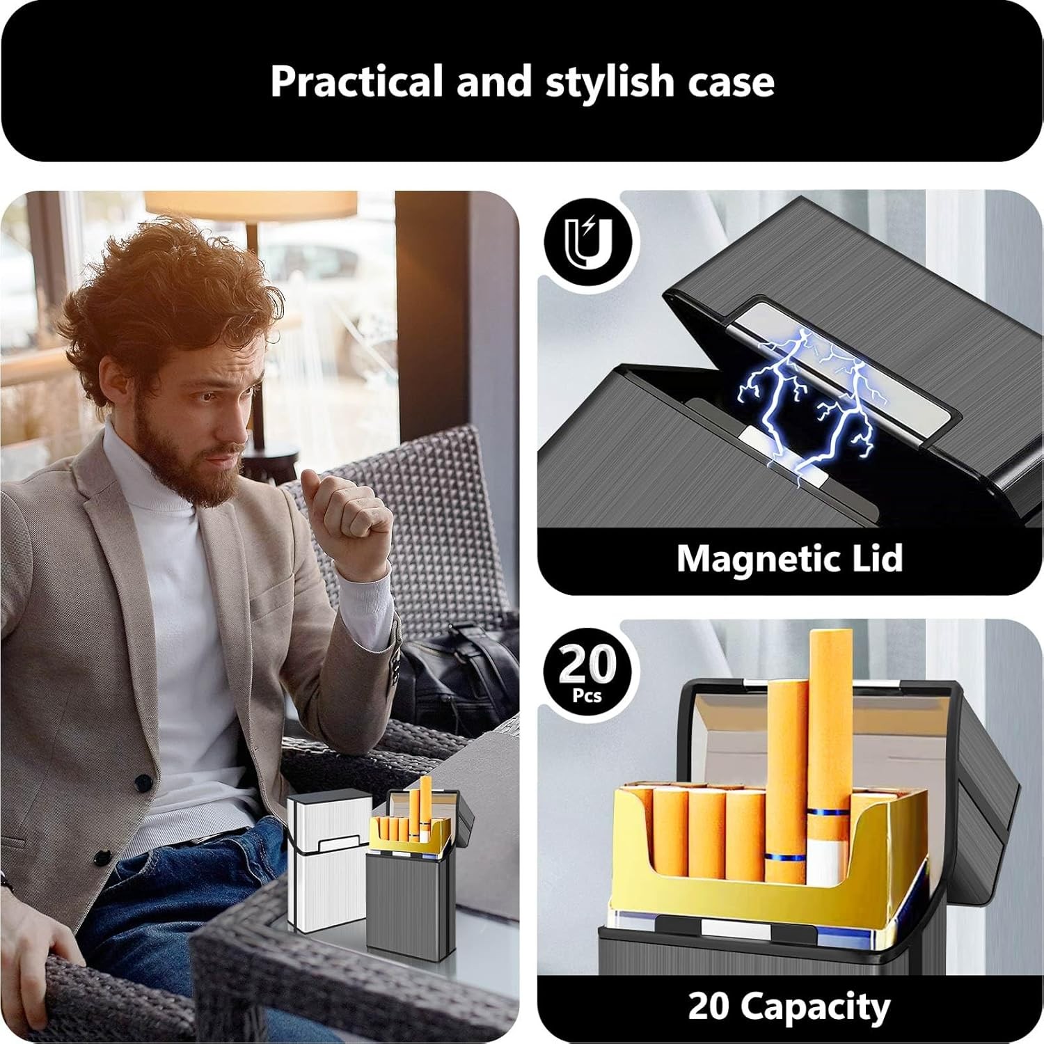 roygra Cigarette Case (2 Pack), Magnetic Switch 85mm King Size, Gray+Silver 