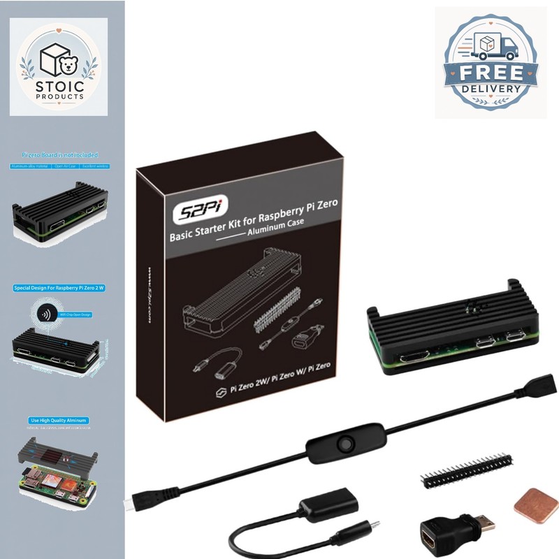 Raspberry Pi Zero 2 W Kit with Aluminum Case, HDMI Cable, Heatsink, Switch Cable