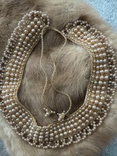 1950 s Japan Vintage Pearl Bib Necklace Gold Tone Chain Choker